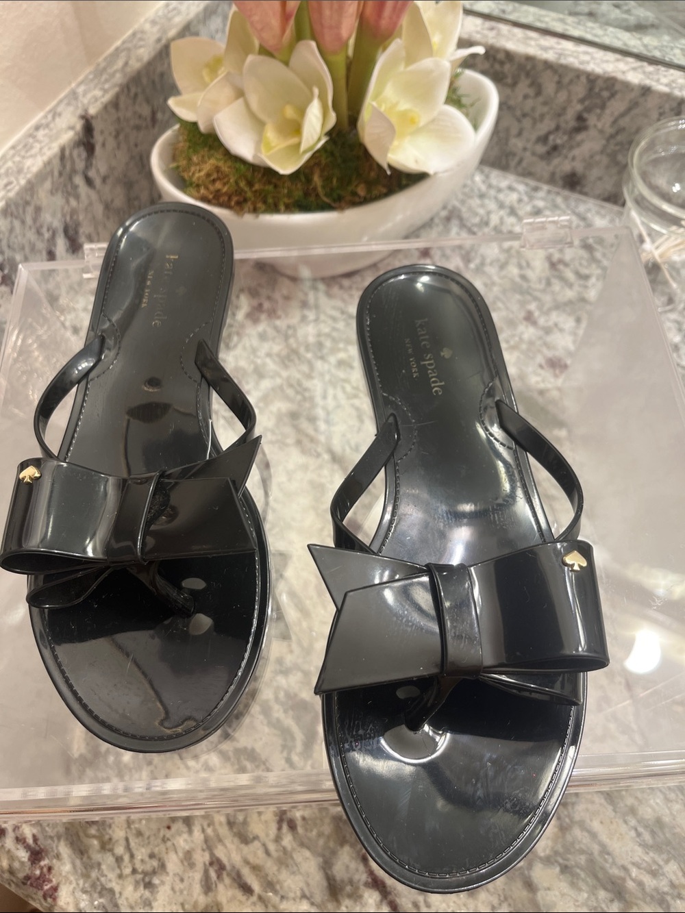 kate spade Black Patent Bow Thong Sandals
